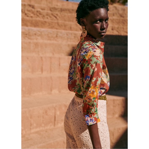 SEZANE NWT Rust Orange Green Abstract Floral Printed Button Down Pierro Shirt 38 - Picture 6 of 11